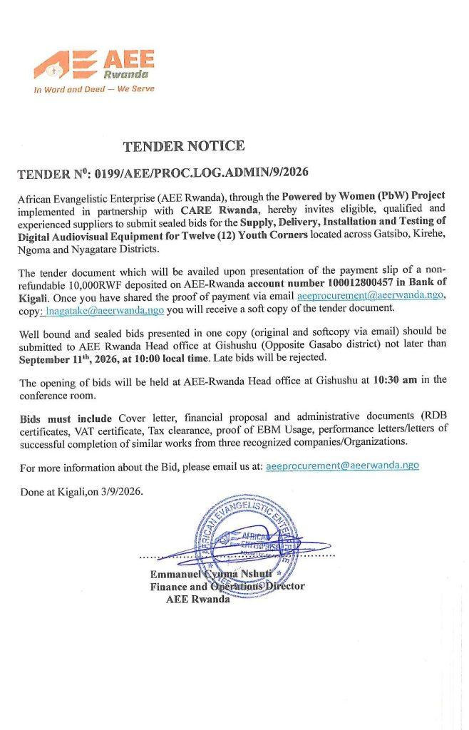 AEE RWANDA: Tender for Supply, Delivery, Installation and Testing of Digital Audiovisual Equipment for Twelve (12) Youth Corners located across Gatsibo, Kirehe, Ngoma and Nyagatare Districts