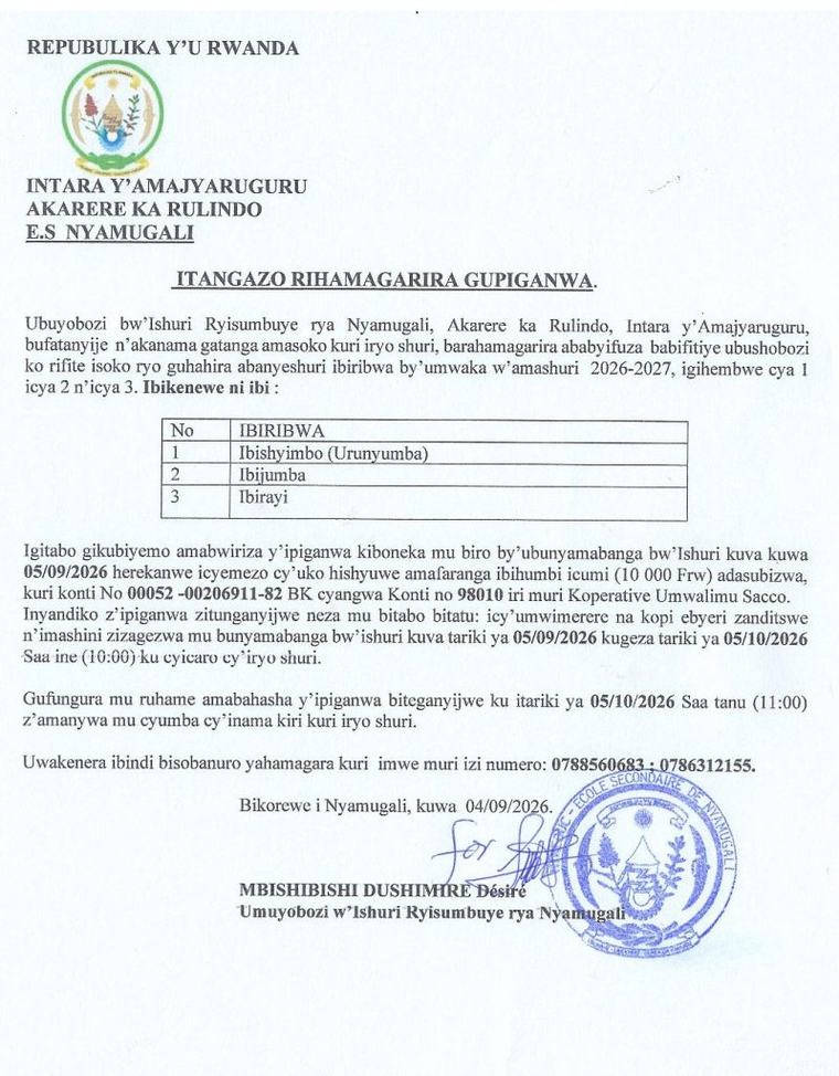 ES NYAMUGALI: Isoko ryo guhahira abanyeshuri ibiribwa by’umwaka w’amashuri 2026-2027, igihembwe cya 1, icya 2 n’icya 3