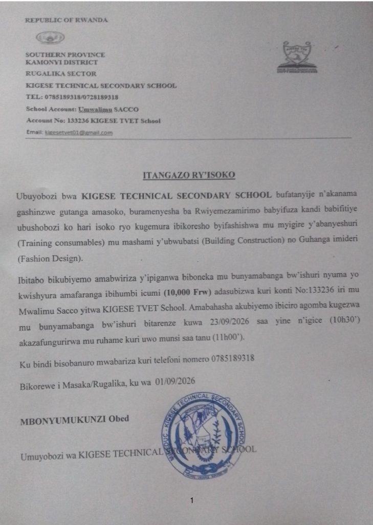 KIGESE TSS: Isoko ryo kugemura ibikoresho byifashishwa mu myigire y’abanyeshuri mu mashami y’ubwubatsi no guhanga imideri