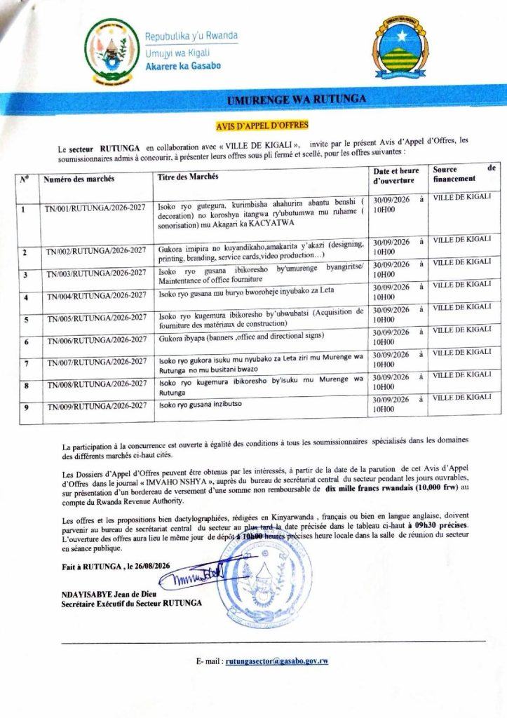 UMURENGE WA RUTUNGA: Isoko ryo gutegura, kurimbisha abahurira abantu benshi no koroshya itangwa ry’ubutumwa mu ruhame mu Kagari ka Kacyatwa; iryo gukora imipira no kuyandikabo, amakarita y’akazi; iryo gusana ibikoresho by’umurenge byangiritse; iryo gusana mu buryo bworoheje inyubako za leta; iryo kugemura ibikoresho by’ubwubatsi; iryo gukora ibyapa…
