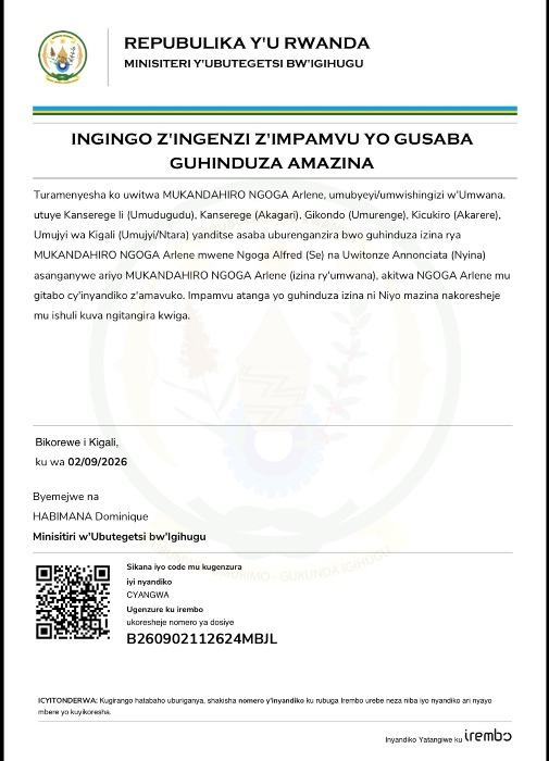 MUKANDAHIRO NGOGA Arlene yasabye guhindurirwa amazina akitwa NGOGA Arlene